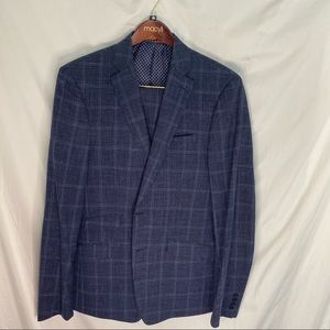 Tallia two button side vent Men's Suit. 42L. Blue plaid pattern.